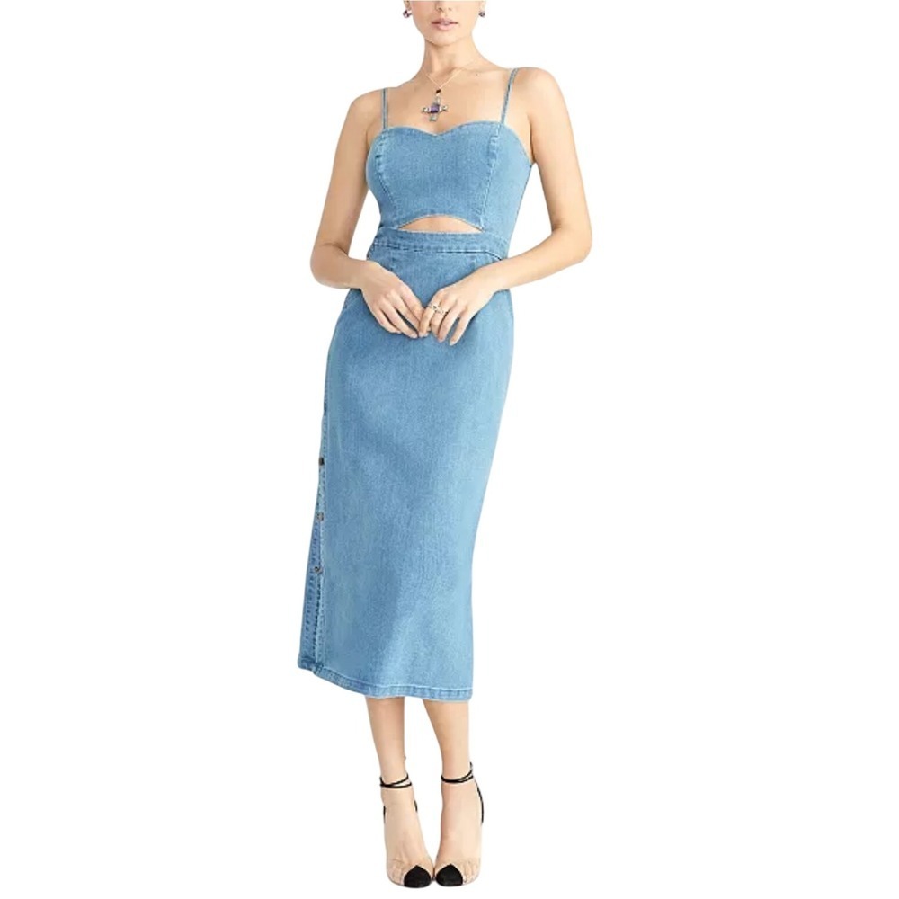Rachel Rachel Roy Blue Denim Cutout Midi Dress Button Front Spaghetti Strap XS
